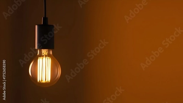 Fototapeta Vintage light bulb hanging against a warm orange background, creating a cozy atmosphere in the room
