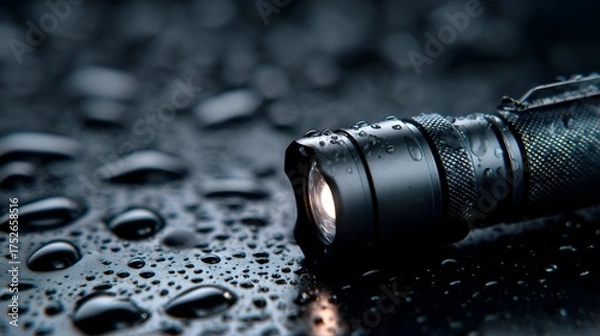Fototapeta Close-up of a sleek, waterproof flashlight illuminating droplets on a dark surface, showcasing its features
