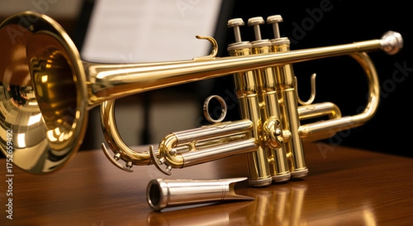 Fototapeta Golden brass trumpet with detached mouthpiece resting on a wooden surface, music stand in background