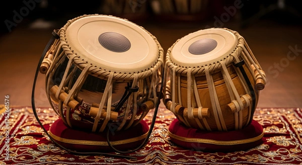 Fototapeta Indian Percussion Instruments A Close-Up of Two Tabla Drums on a Rug