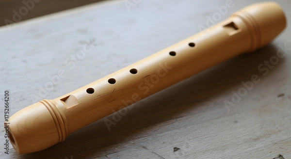 Fototapeta Close-up View of a Recorder on a Wooden Surface Musical Instrument Photography