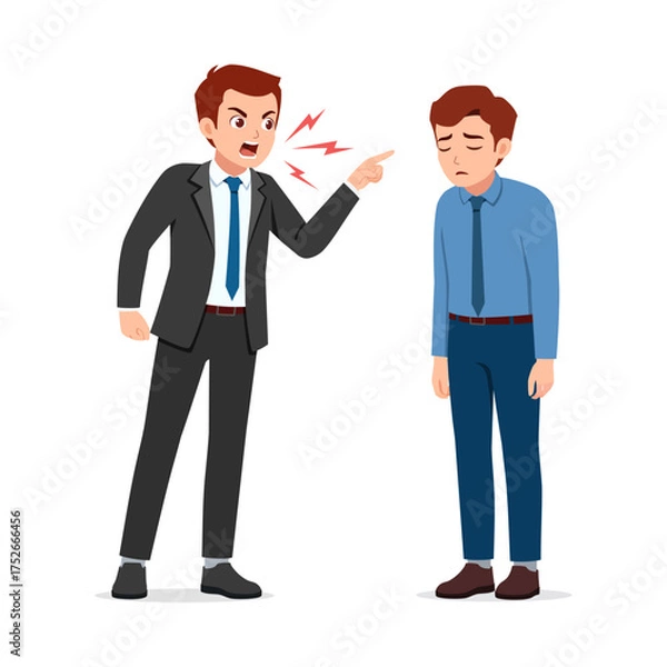 Fototapeta Angry Boss Scolding Sad Employee Pointing Finger with Red Lightnings in Office Bullying