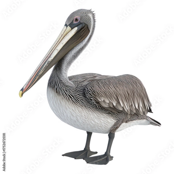 Fototapeta Brown Pelican Bird full body view isolated on white or transparent background 