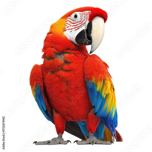 Fototapeta Scarlet Macaw Bird full body view isolated on white or transparent background 