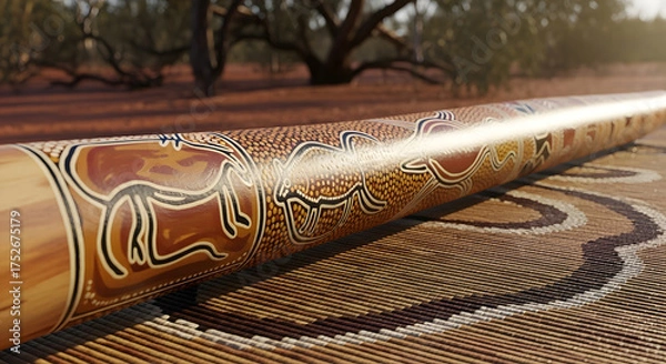 Fototapeta Mystical Aboriginal Didgeridoo Illuminated in the Australian Outback, Showcasing Traditional Indigenous Art and Resonating with Ancestral Spiritual Energy
