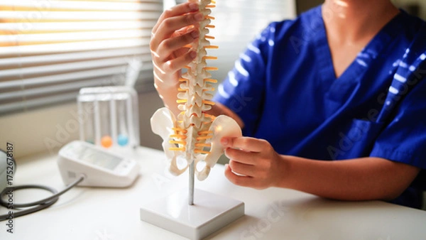 Fototapeta An orthopedic surgeon holds a spinal model as he demonstrates treatment methods for human spinal injuries caused by back pain during a medical consultation.