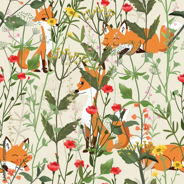 Obraz Wolf fox having fun in flower forest seamless pattern