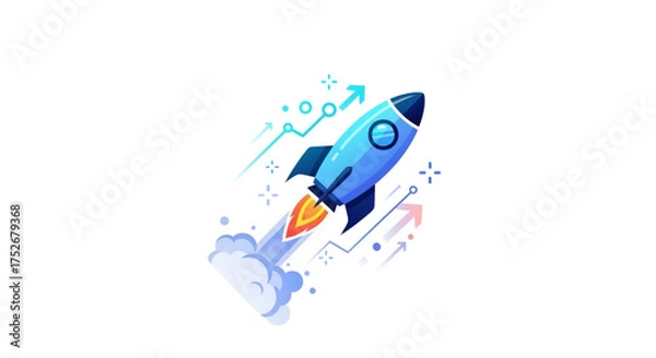 Obraz Blue rocket ship launching with flames startup concept, business growth, innovation, and technology vector illustration