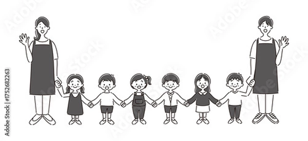 Obraz 笑顔で手をつなぐ子供たちのシンプルでおしゃれな白黒のイラスト素材