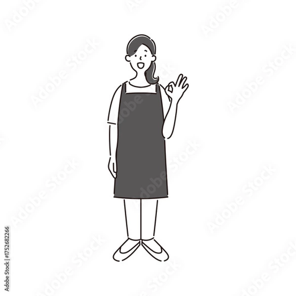 Obraz オッケーサインをしている笑顔の女性保育士のシンプルな白黒の線画イラスト素材