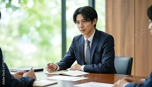 Fototapeta 会議でメモを取りながら話を聞くビジネスマン