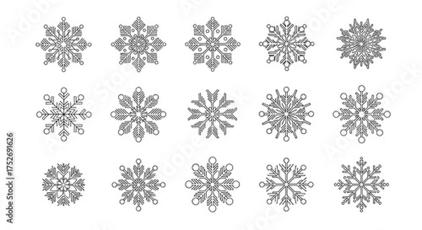 Obraz A collection of fifteen unique snowflake designs perfect for winter themed crafts and decorations.