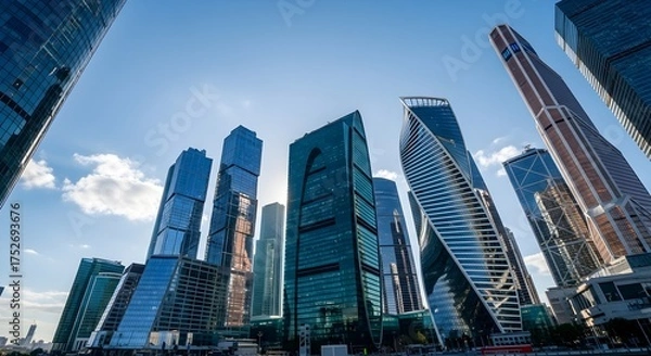 Fototapeta A low-angle view of modern glass skyscrapers in a city financial district against a bright sunny sky.