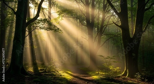 Fototapeta Golden sun rays stream through a dense forest canopy onto a tranquil path.