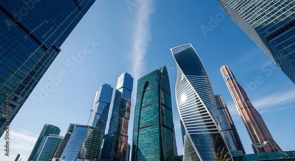 Fototapeta A low-angle view of modern futuristic skyscrapers in a financial district against a bright blue sky.