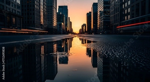 Fototapeta A low-angle view of a wet city street reflecting skyscrapers and a colorful sunset.