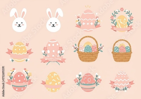 Fototapeta Charming Easter eggs and bunny faces create a pastel spring celebration, perfect for seasonal greetings, festive designs, and cheerful springtime promotions