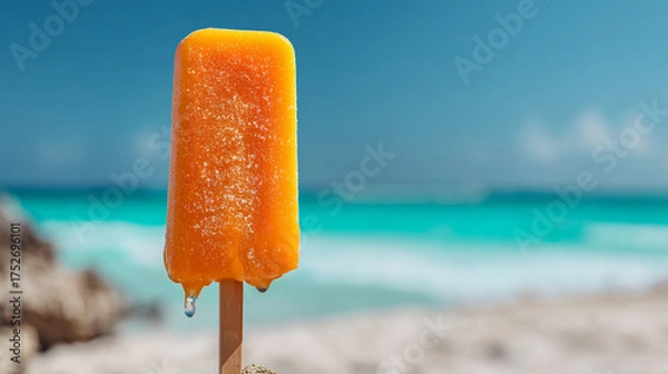 Obraz A melting orange popsicle on a stick at the beach with a turquoise ocean and blue sky in the background