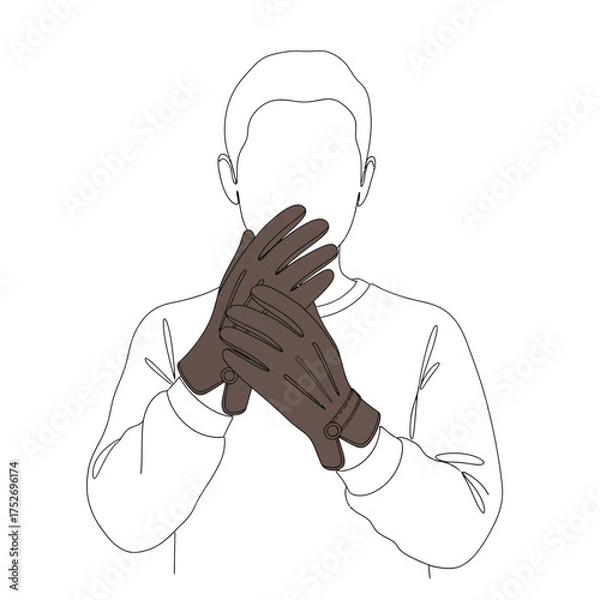 Obraz Vector art of line art illustration of a person wearing brown gloves, hands clasped together in front of their chest