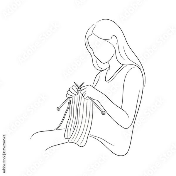 Obraz Vector art of handmade craft illustration of a woman knitting a scarf with needles and yarn