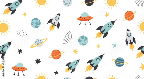 Obraz Explore the vastness of space with rockets planets and stars.