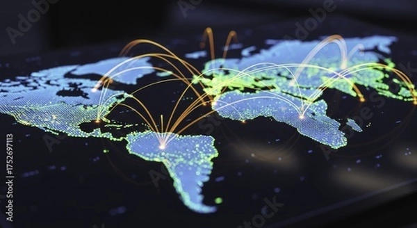 Fototapeta Global Digital Network with Interconnected Glowing Lines on a World Map, Illustrating Worldwide Communication and Data Exchange