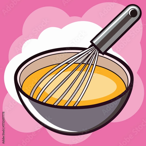 Fototapeta A whisk mixing batter in a bowl on a pink background