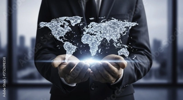 Fototapeta Businessman Holding Glowing Digital World Map Representing Global Business Network and Future Technology Connectivity