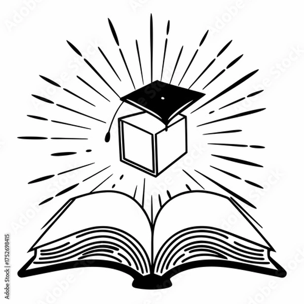 Fototapeta Mortarboard and Cube Over Open Book Representing Knowledge
