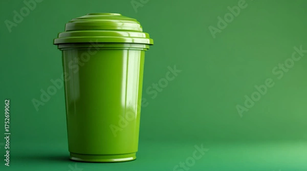 Fototapeta Vibrant green reusable coffee cup with lid isolated on matching green background highlighting eco-friendly beverage container design and sustainability concept