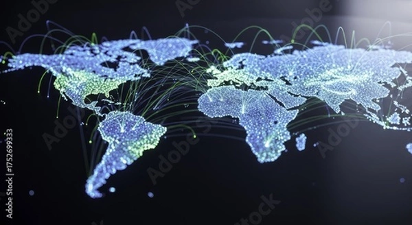 Fototapeta Global Digital Network Connectivity Map with Glowing Light Trails and Data Points Illustrating Worldwide Communication and Technology Infrastructure