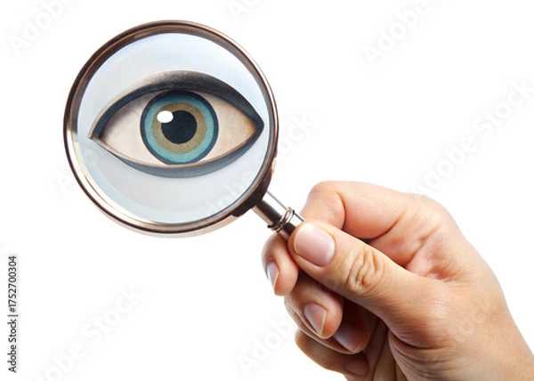 Fototapeta 
Hand holding a magnifying glass with a eye sign simple on a white background
