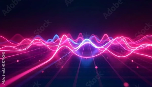 Obraz 3d render of a vibrant, abstract representation of light waves in various neon colors against a dark background. Synthwave style music equalizer. Visualization of fluctuations