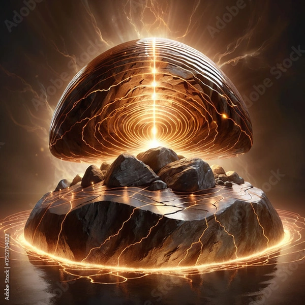 Fototapeta Mystical orb hovers above glowing rocks emitting radiant energy and lightning effects in a dark, dramatic environment