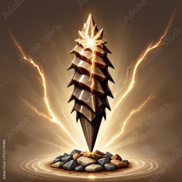 Fototapeta Mystical gemstone shard crackling with golden lightning energy, resting on a bed of stones