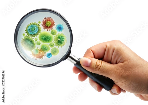 Fototapeta 
Hand holding a magnifying glass with a bacteria sign simple on a white background