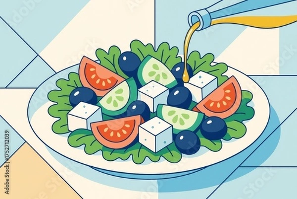 Fototapeta Colorful Greek salad with feta, olives, cucumbers, and tomatoes on a plate with dressing being poured, illustrated in a modern flat style. Ai generative