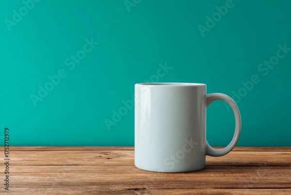 Fototapeta Plain white ceramic mug with handle placed on wooden surface against teal green background for coffee or tea use