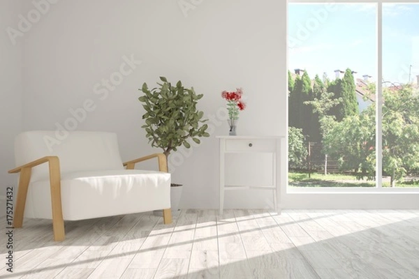 Fototapeta Idea of white room with armchair and summer landscape in window. Scandinavian interior design. 3D illustration