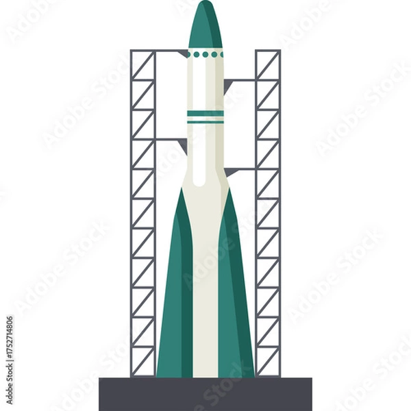 Fototapeta Tall White and Teal Rocket Ship Vertical Launch Tower Structure Gray Base Against White Background