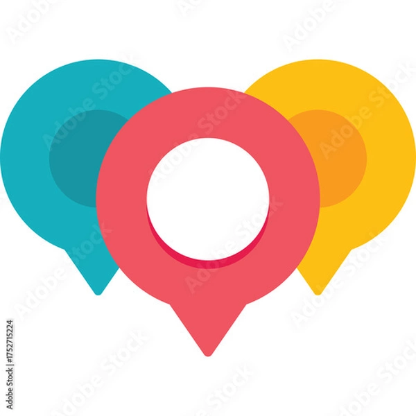 Fototapeta Three colorful map location pins teal pink and yellow on a clean white background abstract concept of navigation and destination illustration