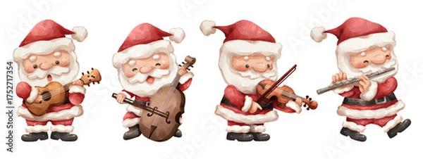 Fototapeta Watercolor cartoon illustration set of santa claus playing classical and string instruments includes ukulele or guitar, cello, violin, and flute . Christmas concert . Hand drawn digital painting .