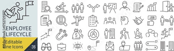 Obraz 線の編集ができる従業員のライフサイクルに関するアイコンセット（アウトライン化していない）
