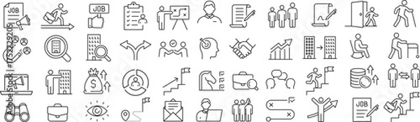 Obraz ベクターでモノクロの従業員のライフサイクルに関する線画アイコンセット
