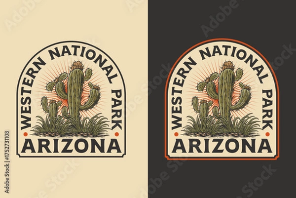 Fototapeta Cactus plant retro badge logo vector design set for cowboy desert and wild west nature themes. Western vintage emblem logo graphic. Country plant illustration label element designs
