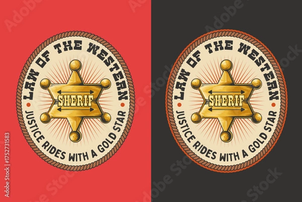 Fototapeta Sheriff badge retro badge logo vector design set for wild west and cowboy police themes. Western vintage emblem logo graphic. Lawman star illustration label element designs