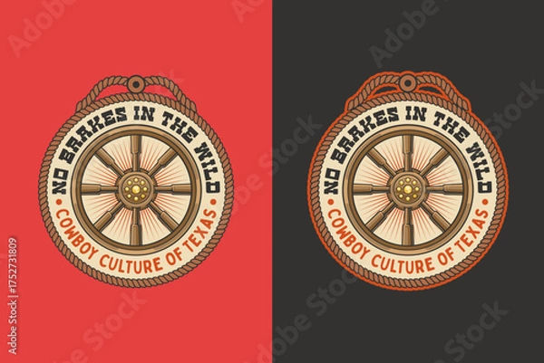 Fototapeta Wagon wheel retro badge logo vector design set for cowboy and pioneer travel themes. Western vintage emblem logo graphic. Country cart illustration label element designs