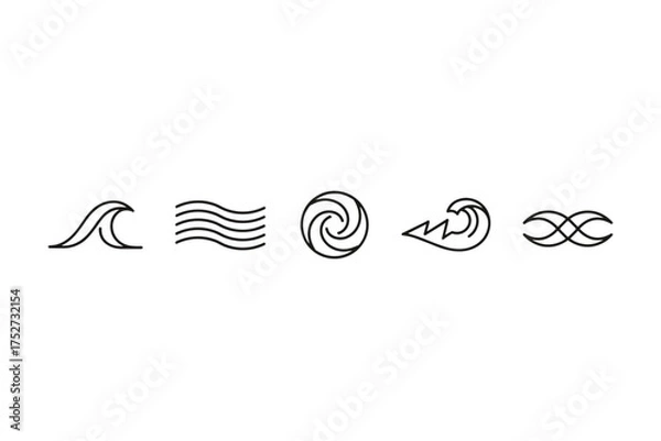 Fototapeta Wave and water line icon set. Collection of simple sea and ocean symbols. Abstract flow, current, surf, and storm vector elements. Minimalist whirlpool and infinity signs.