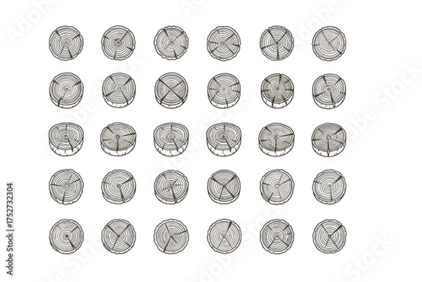 Fototapeta Wood slice vector set. Tree ring log cross section. Timber stump collection. Lumber trunk circle icon. Firewood cut. Natural forest material. Organic wooden texture background.