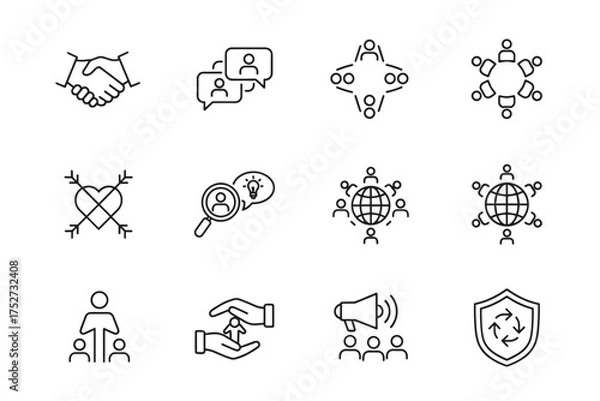Fototapeta Business and collaboration vector line icon set. Teamwork, communication, partnership, and leadership concepts. Human resources, global team, meeting, support, and community icons.